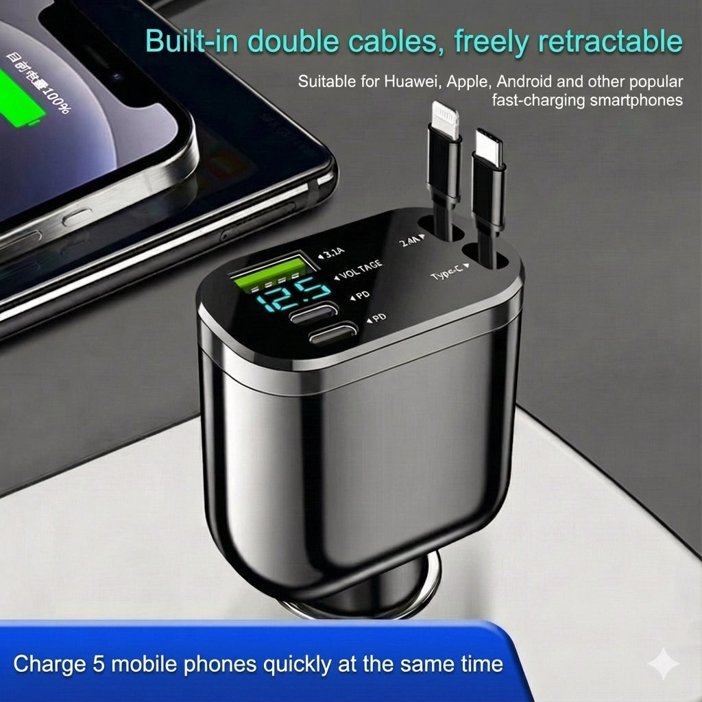 5-in-1 Car Charger for Front & Back Seat - With Extension Cord