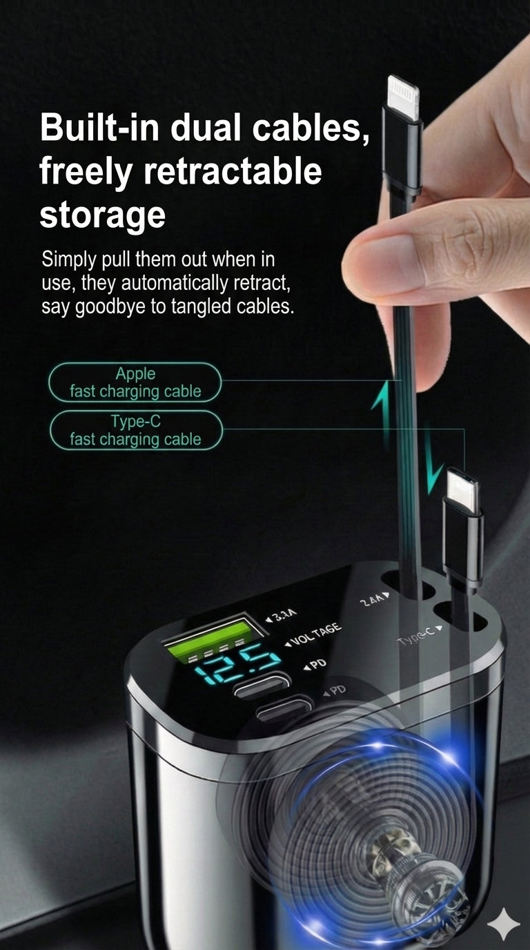 5-in-1 Car Charger for Front & Back Seat - With Extension Cord