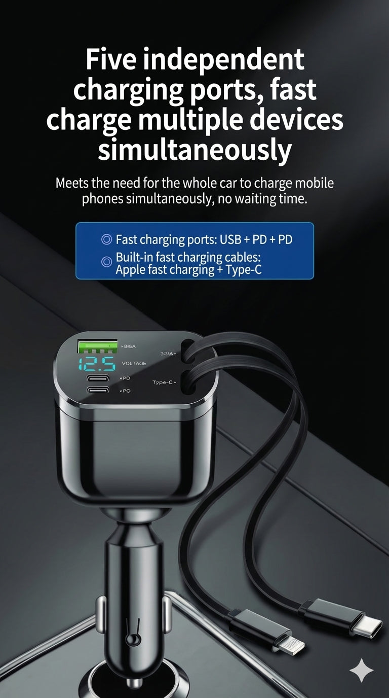 5-in-1 Car Charger for Front & Back Seat - With Extension Cord