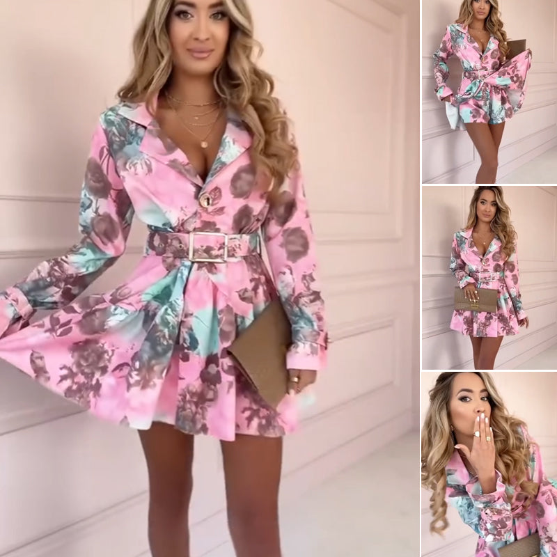 Women's Fashion Floral Waisted Long Sleeve Dresses