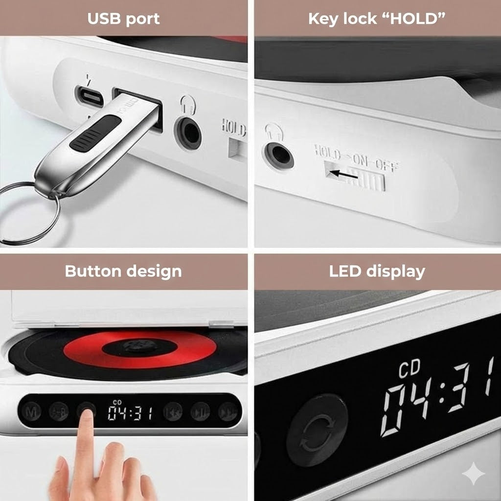 Portable CD Player with Bluetooth – Rechargeable Discman for Car & Travel (Anti-Shock)