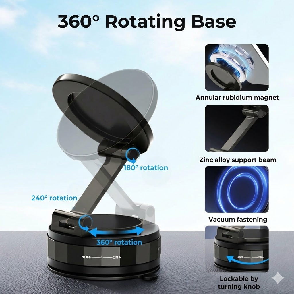 Magnetic Car Phone Holder – Vacuum Adsorption & Magnetic – 360° Rotatable – Super Stable for Dashboard & Windshield