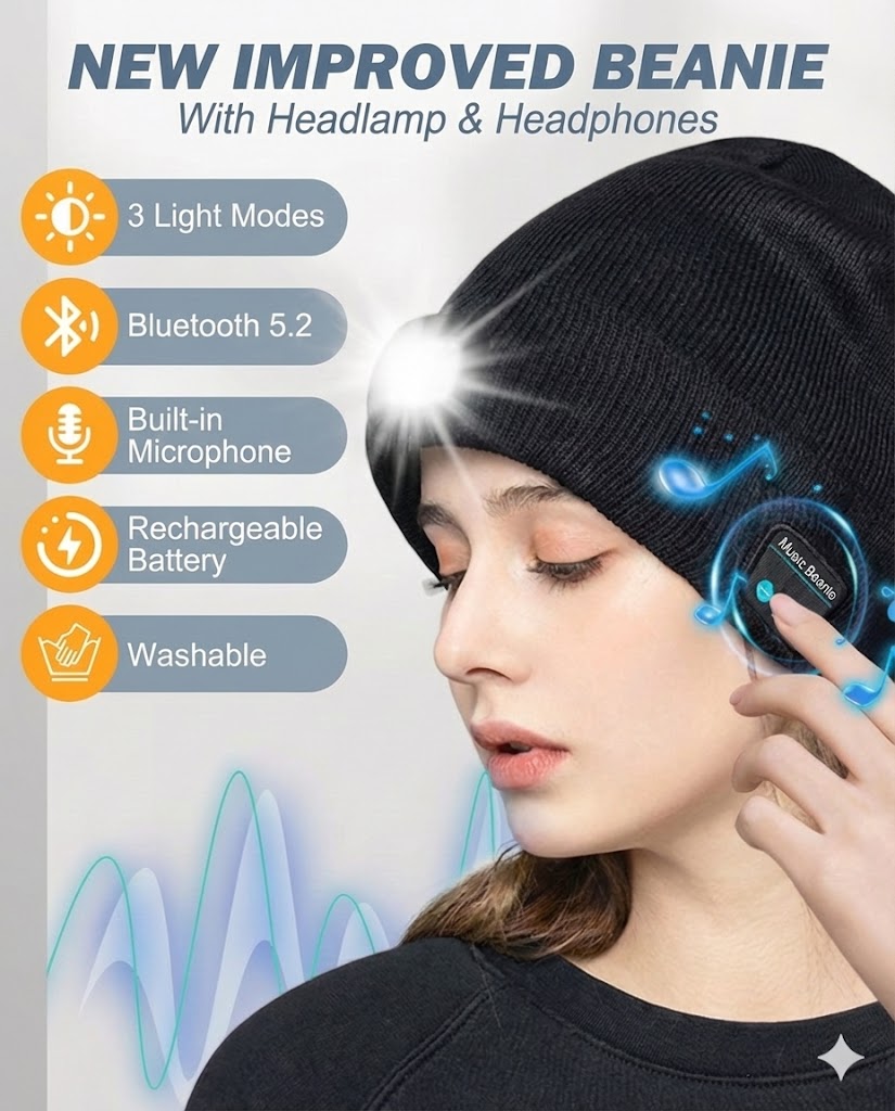 USB Rechargeable Bluetooth Beanie with LED Flashlight