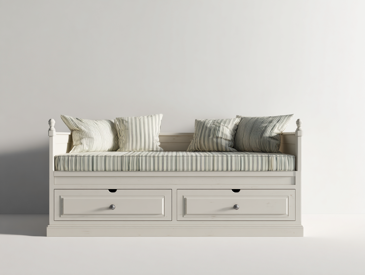 Divano letto in legno con contenitore 190x80x85 cm - bianco-beige - design classico per soggiorno o camera-Casagomart