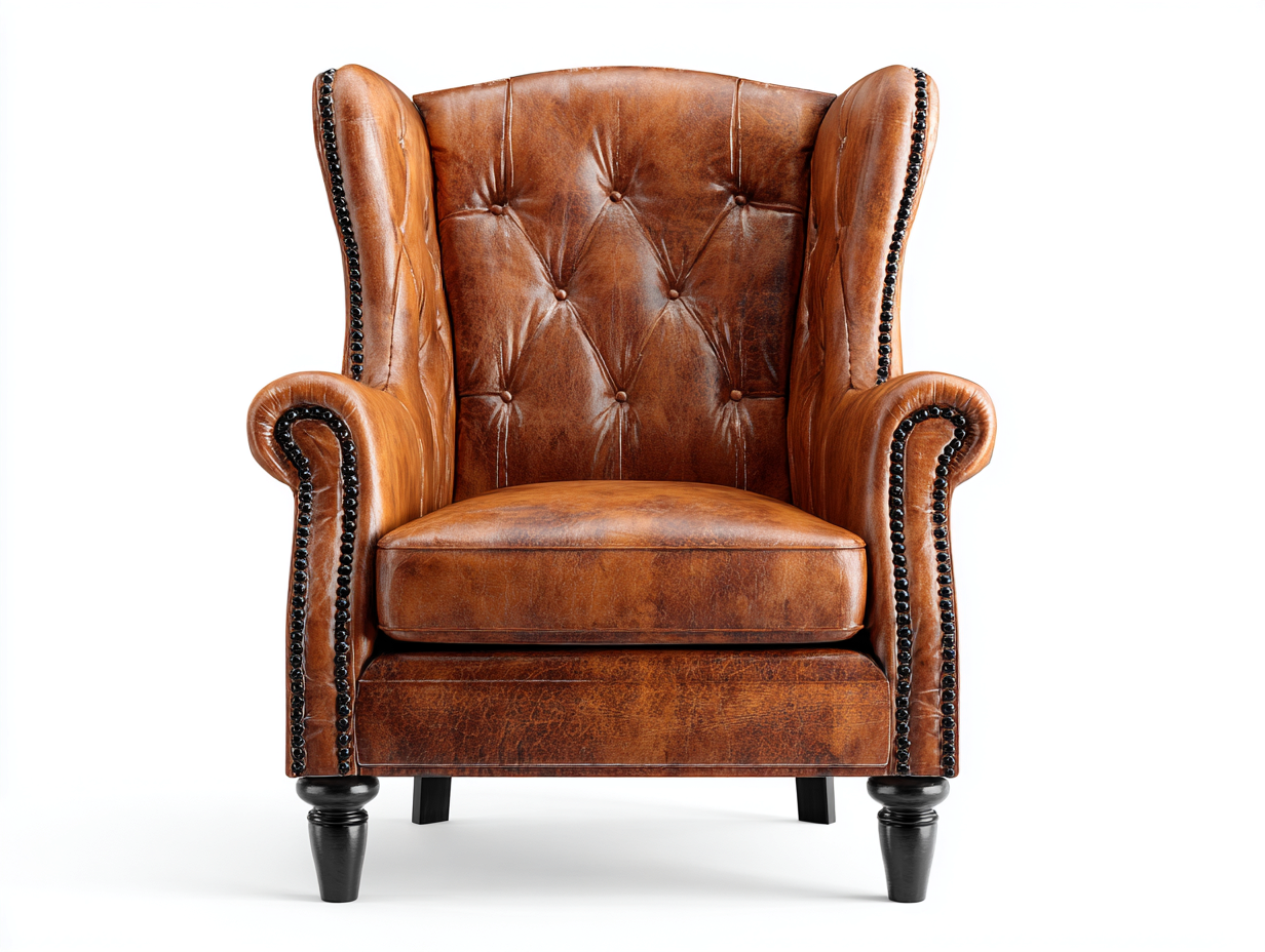 Poltrona a orecchioni in pelle imbottita 80x85x105 cm - marrone - design classico-Casagomart