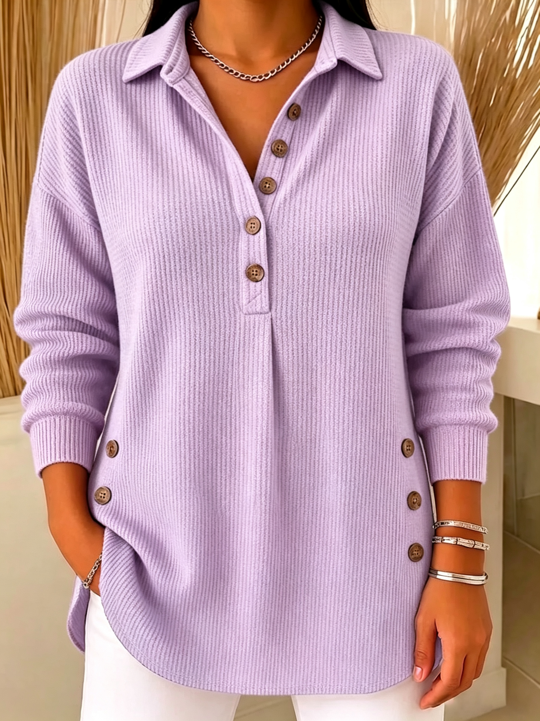 Women's Ribbed Knit Lapel Collar Tops - Casual V-Neck Button Down Shirts with Decorative Side Buttons