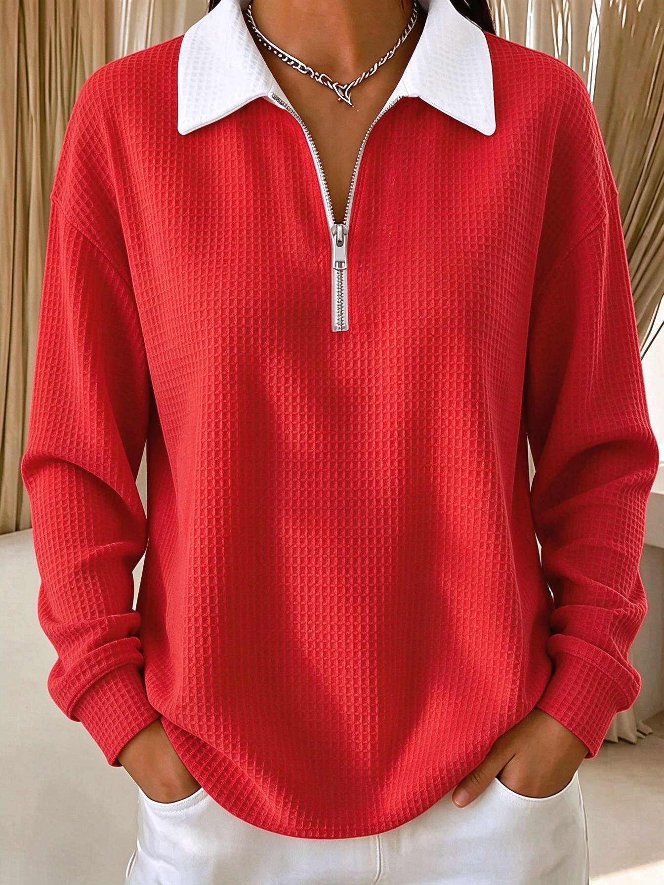 🔥Red Half Zip Collared Waffle Knit Sweatshirt