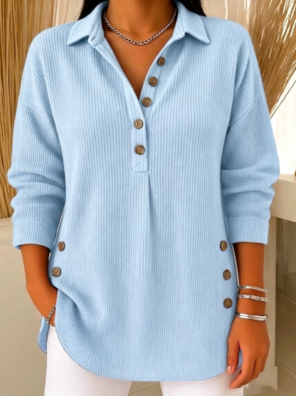 Women's Ribbed Knit Lapel Collar Tops - Casual V-Neck Button Down Shirts with Decorative Side Buttons