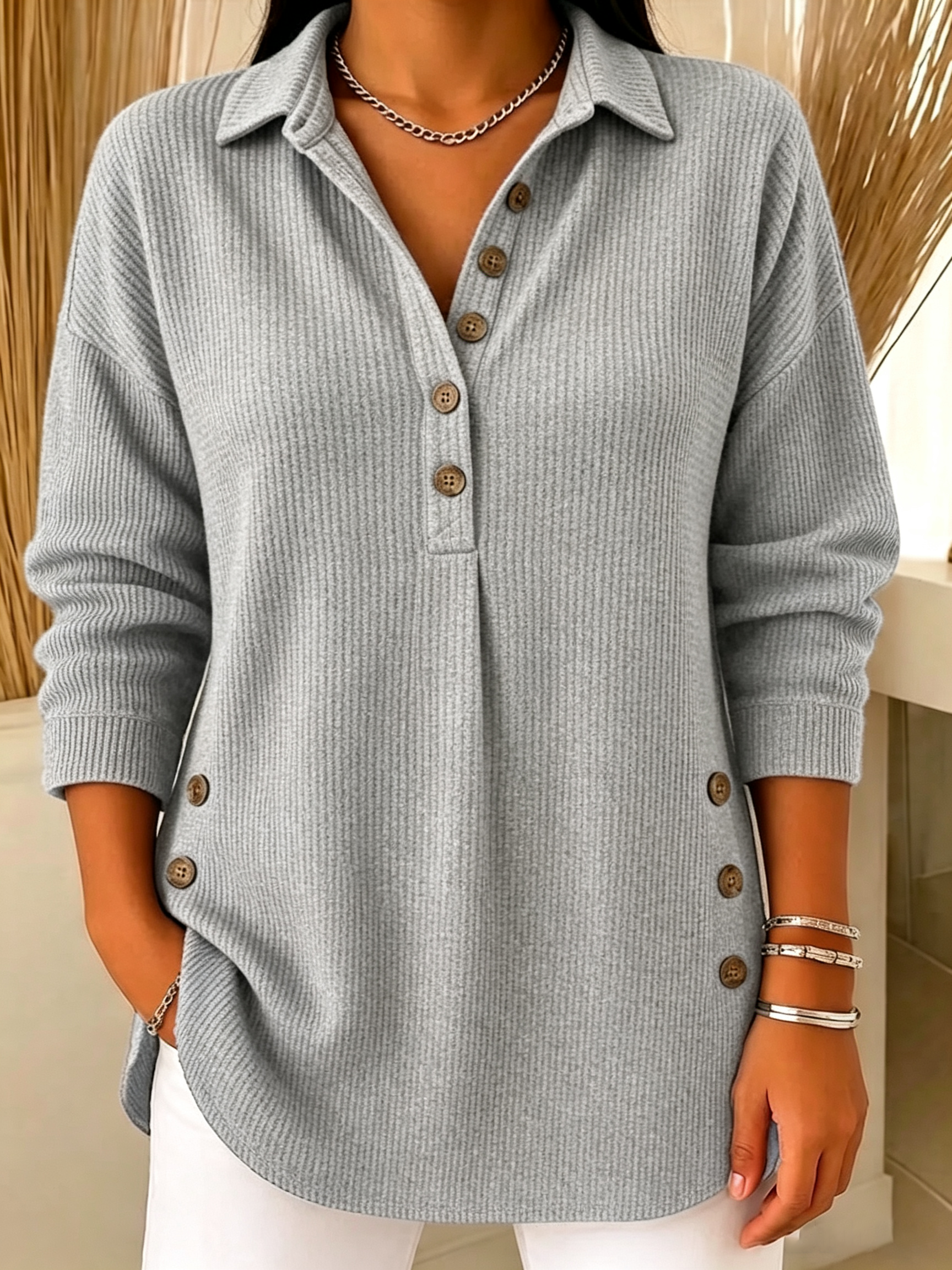 Women's Ribbed Knit Lapel Collar Tops - Casual V-Neck Button Down Shirts with Decorative Side Buttons