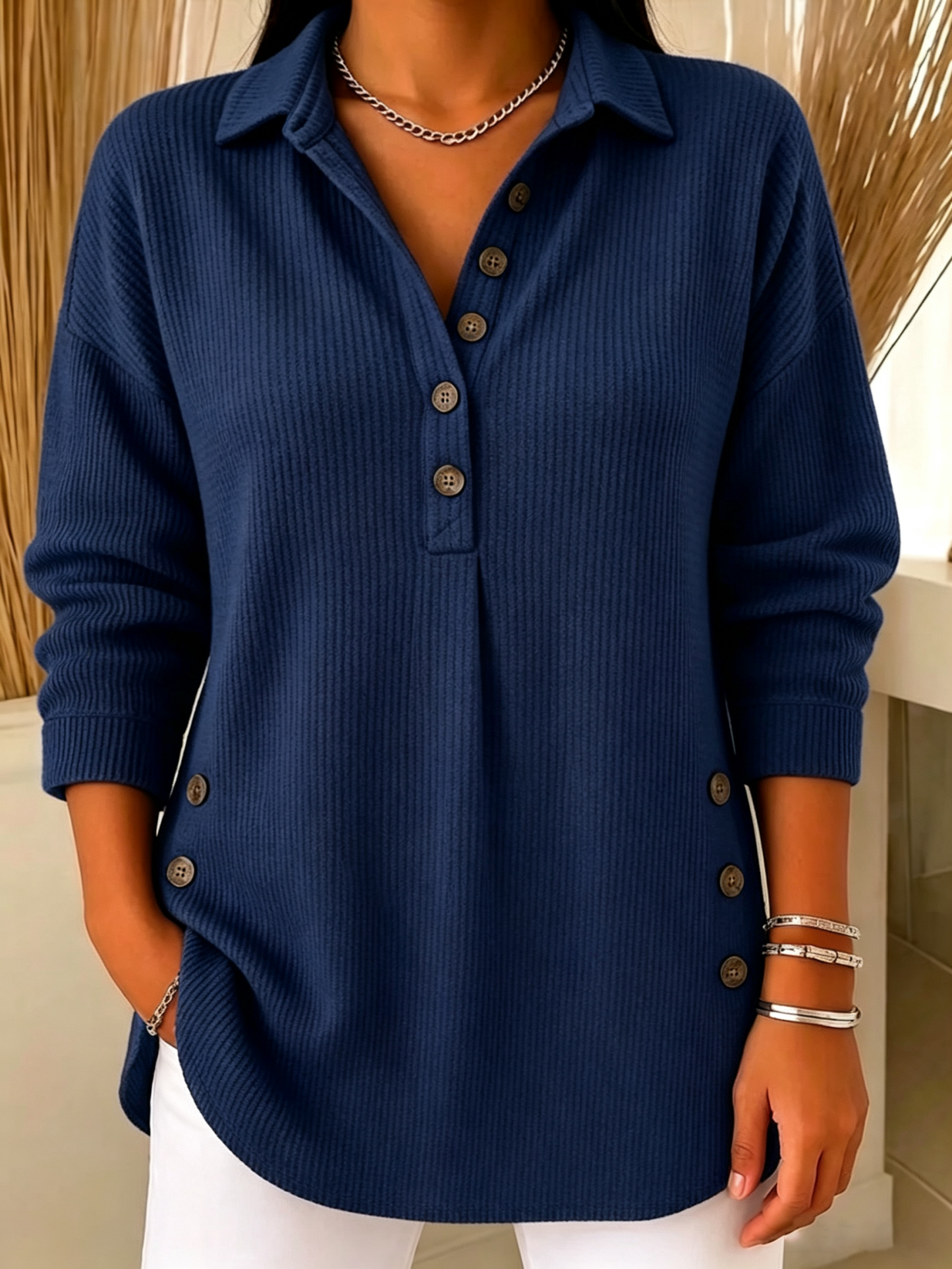 Women's Ribbed Knit Lapel Collar Tops - Casual V-Neck Button Down Shirts with Decorative Side Buttons