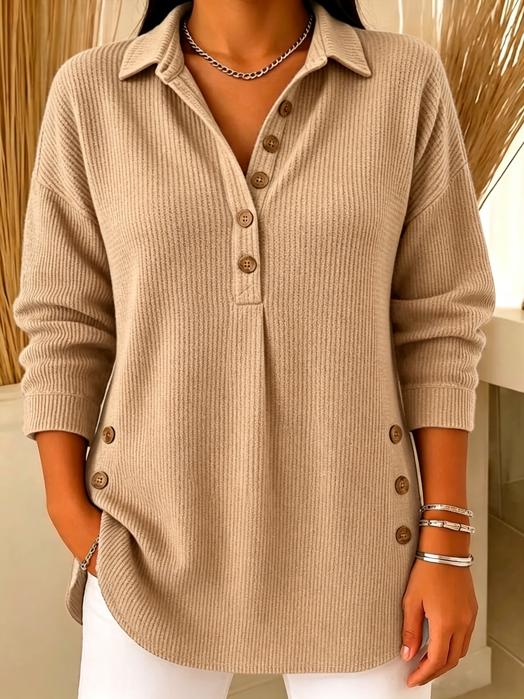 Women's Ribbed Knit Lapel Collar Tops - Casual V-Neck Button Down Shirts with Decorative Side Buttons
