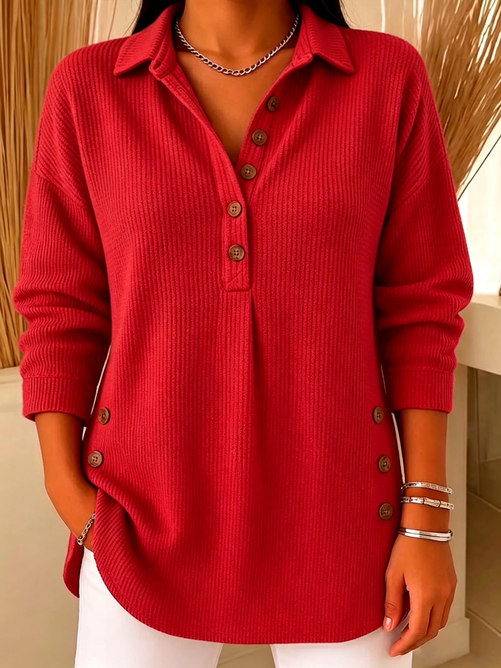 Women's Ribbed Knit Lapel Collar Tops - Casual V-Neck Button Down Shirts with Decorative Side Buttons