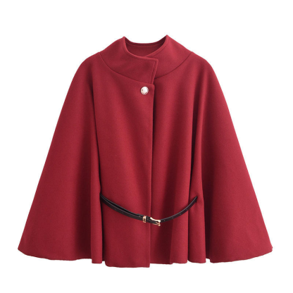Women's Winter Fashion Casual Solid Color Waist Strap Woolen Cloak Jacket