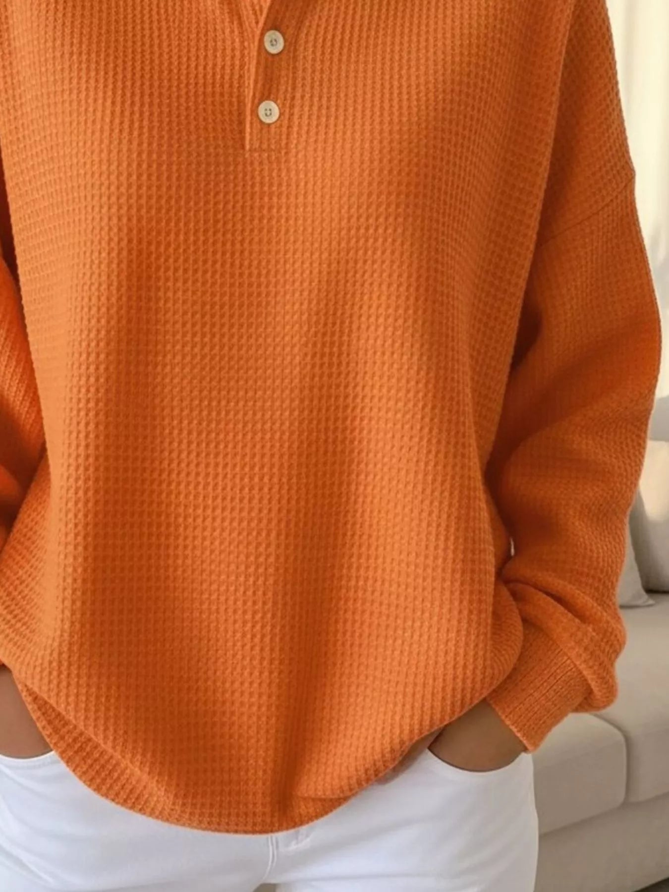Women's Waffle Knit Polo Collar Henley Top - Casual Loose Drop Shoulder Long Sleeve Shirts