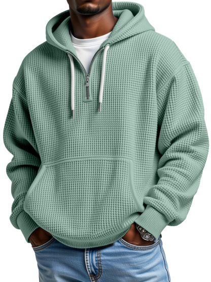 Men's Casual Solid Color Waffle Zipper Long Sleeve Hooded Sweatshirt