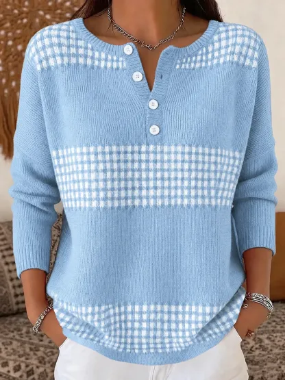 Women’s Half-Button Round Neck Plaid Colorblock Knit Sweater