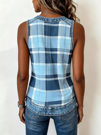 Plaid Denim Trim V-Neck Sleeveless Tank Top