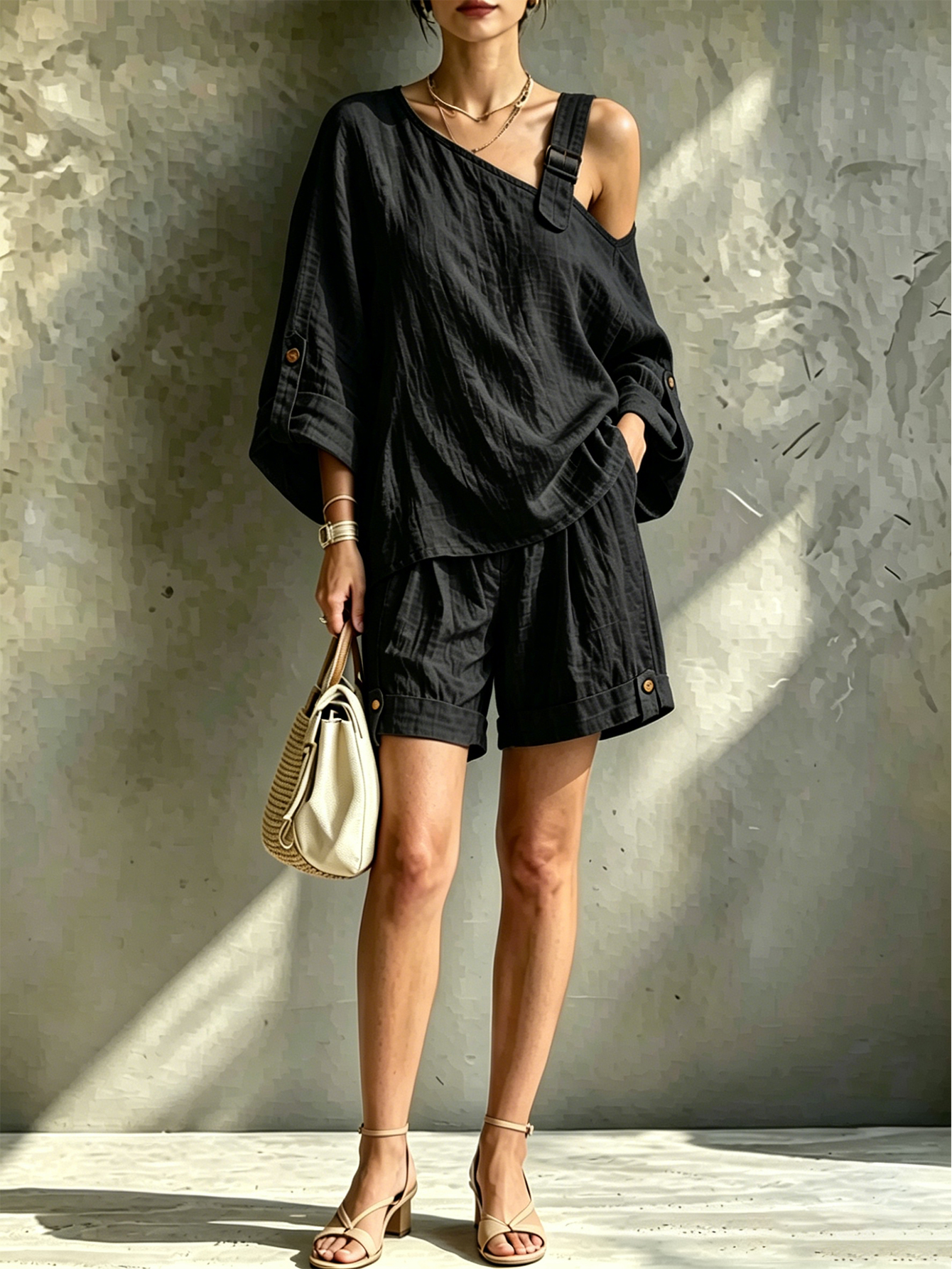 Women's Linen Blend 2-Piece Set Off-Shoulder Loose Top & High-Waist Shorts Casual Summer Outfit
