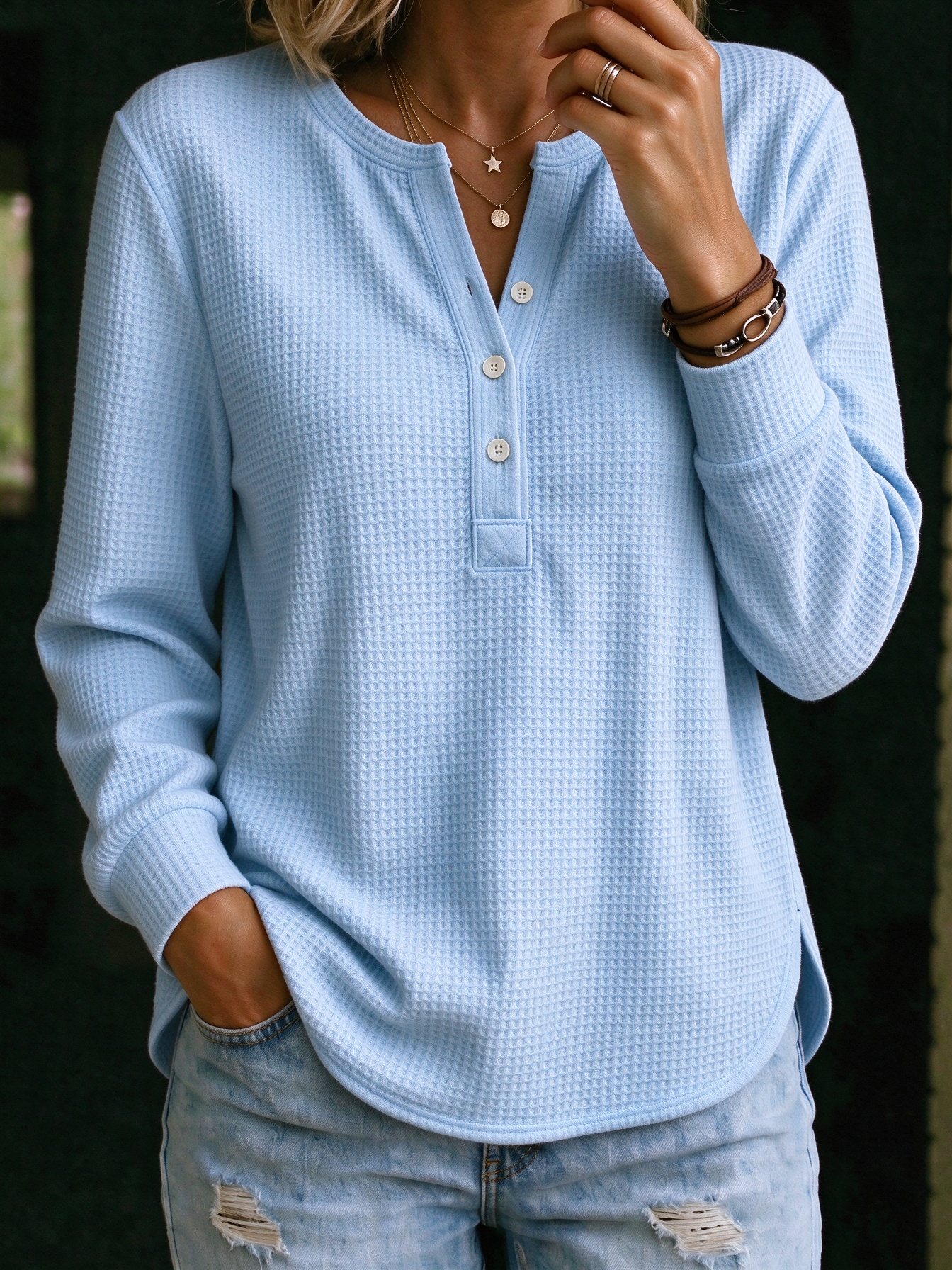 🤍 Women’s Waffle Knit Polo Shirt Henley Neck Button Placket Long Sleeve Loose Top