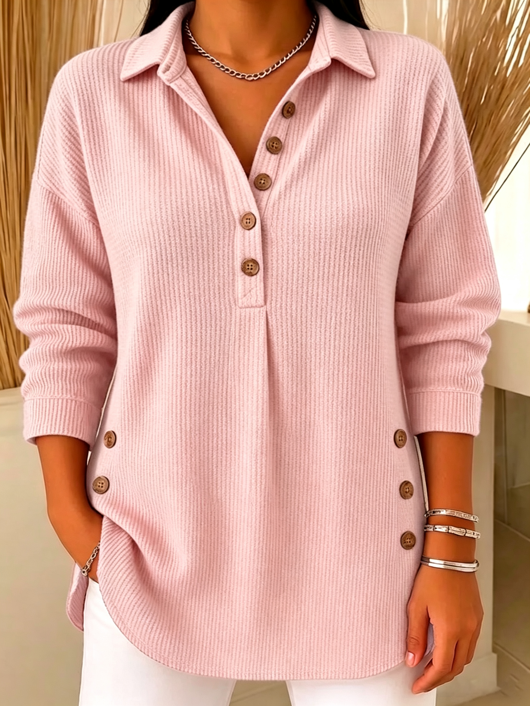 Women's Ribbed Knit Lapel Collar Tops - Casual V-Neck Button Down Shirts with Decorative Side Buttons