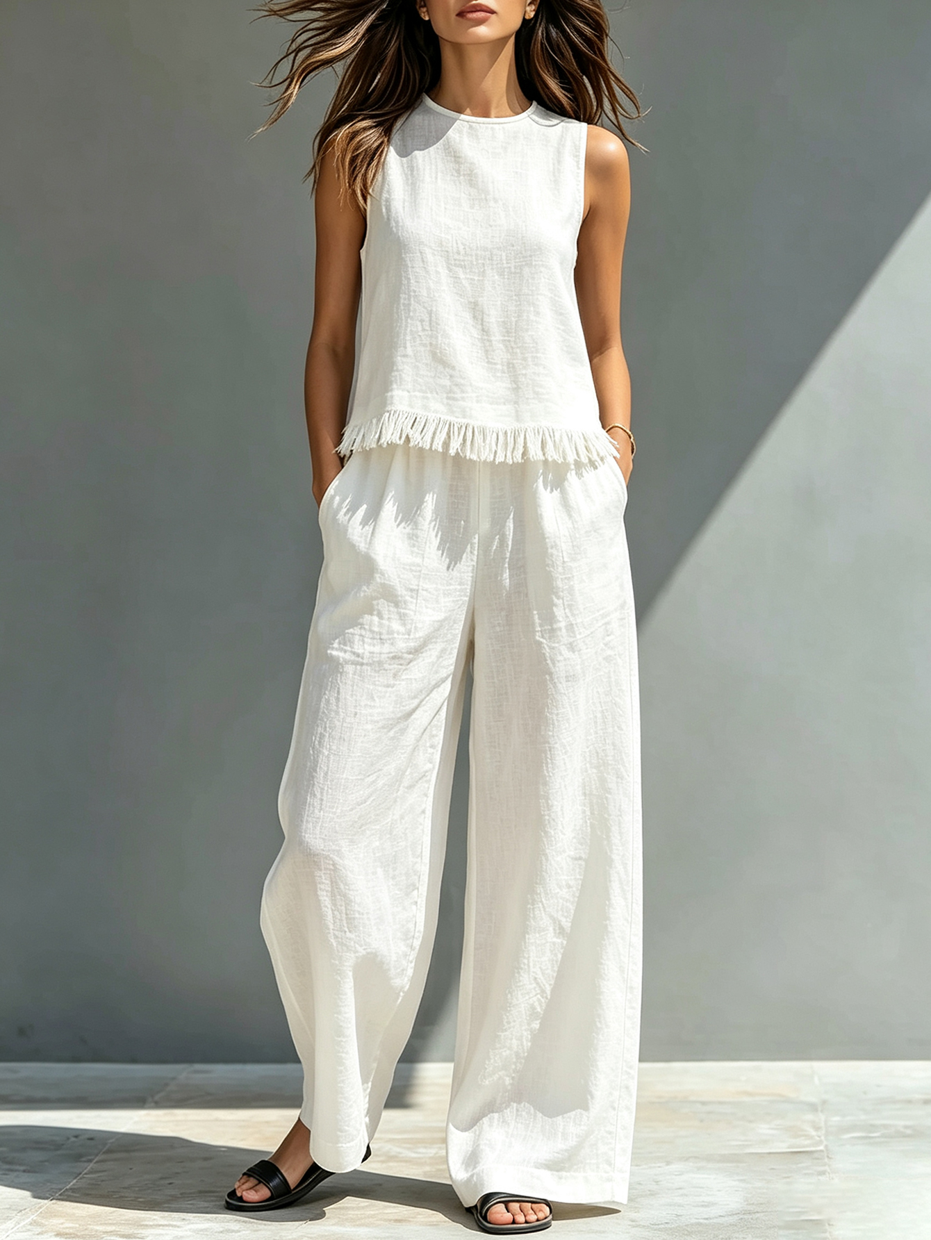 Linen Blend 2 Piece Set Women’s Sleeveless Fringe Top & Wide Leg Pants Casual Resort Outfit