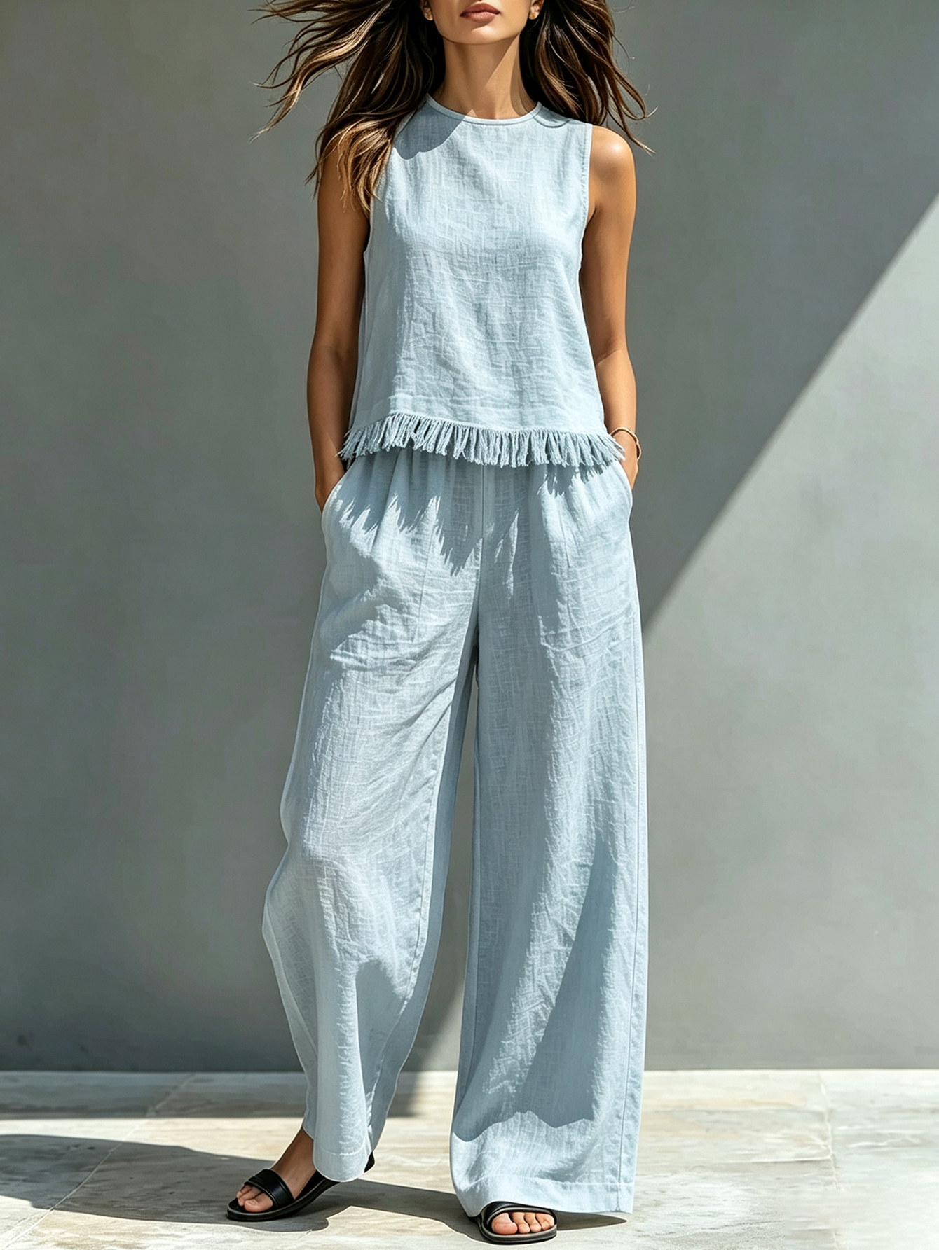 Linen Blend 2 Piece Set Women’s Sleeveless Fringe Top & Wide Leg Pants Casual Resort Outfit