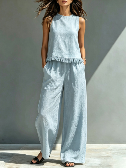 Linen Blend 2 Piece Set Women’s Sleeveless Fringe Top & Wide Leg Pants Casual Resort Outfit