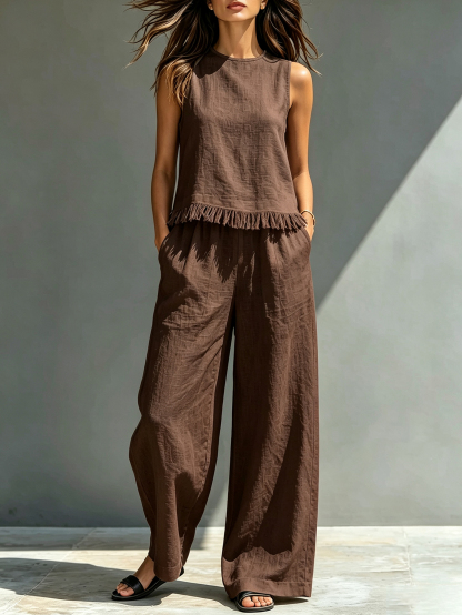 Linen Blend 2 Piece Set Women’s Sleeveless Fringe Top & Wide Leg Pants Casual Resort Outfit