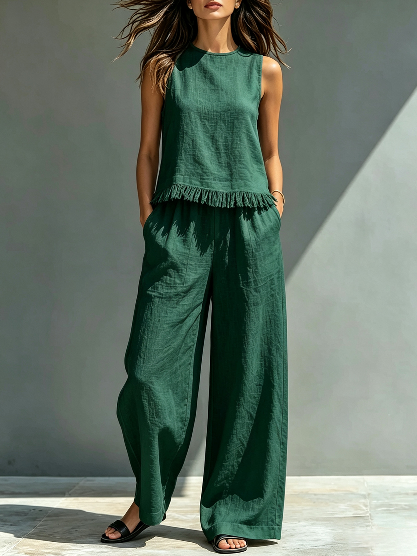 Linen Blend 2 Piece Set Women’s Sleeveless Fringe Top & Wide Leg Pants Casual Resort Outfit