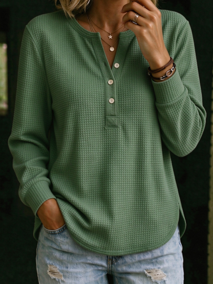 🤍 Women’s Waffle Knit Polo Shirt Henley Neck Button Placket Long Sleeve Loose Top