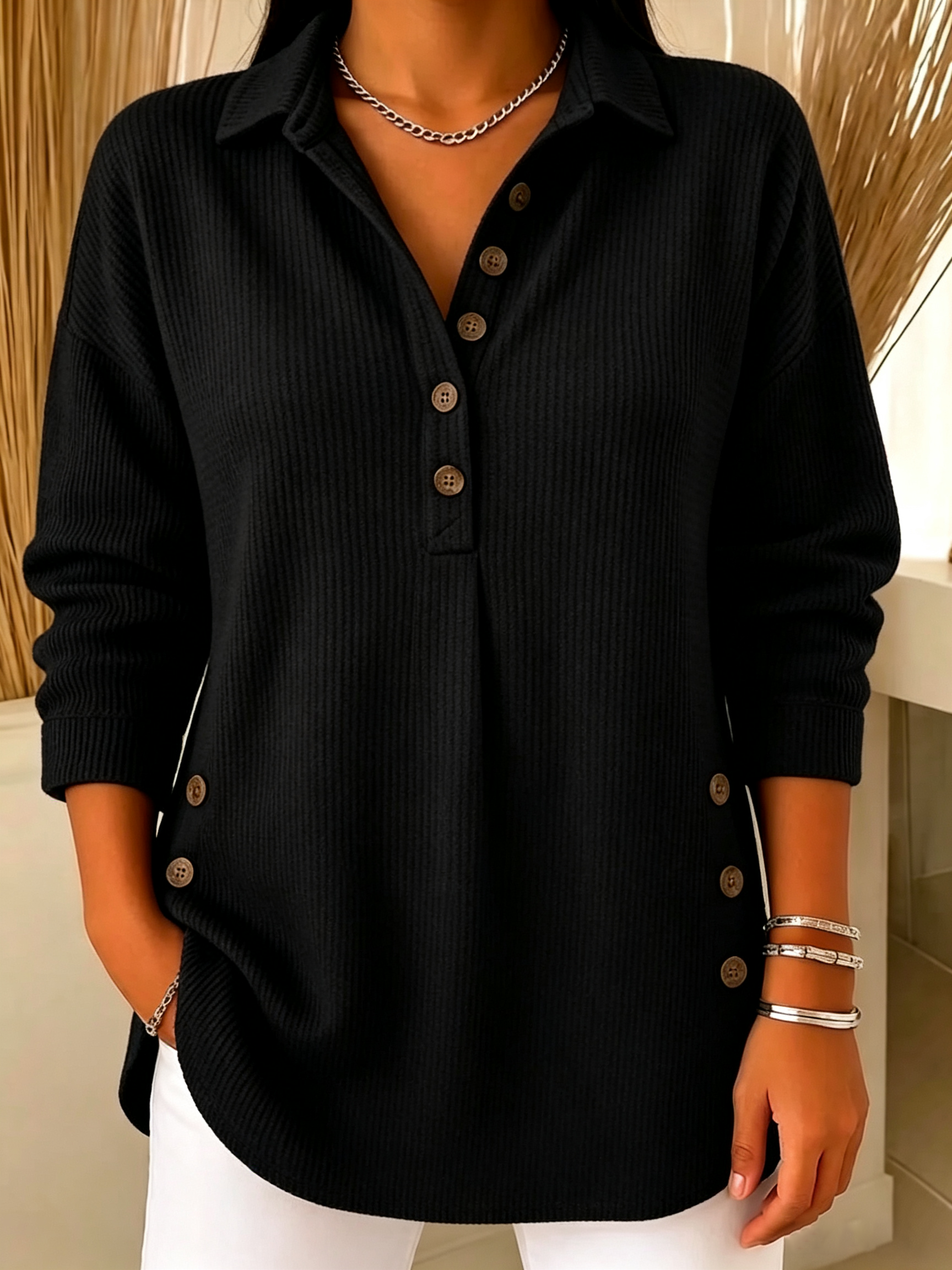 Women's Ribbed Knit Lapel Collar Tops - Casual V-Neck Button Down Shirts with Decorative Side Buttons