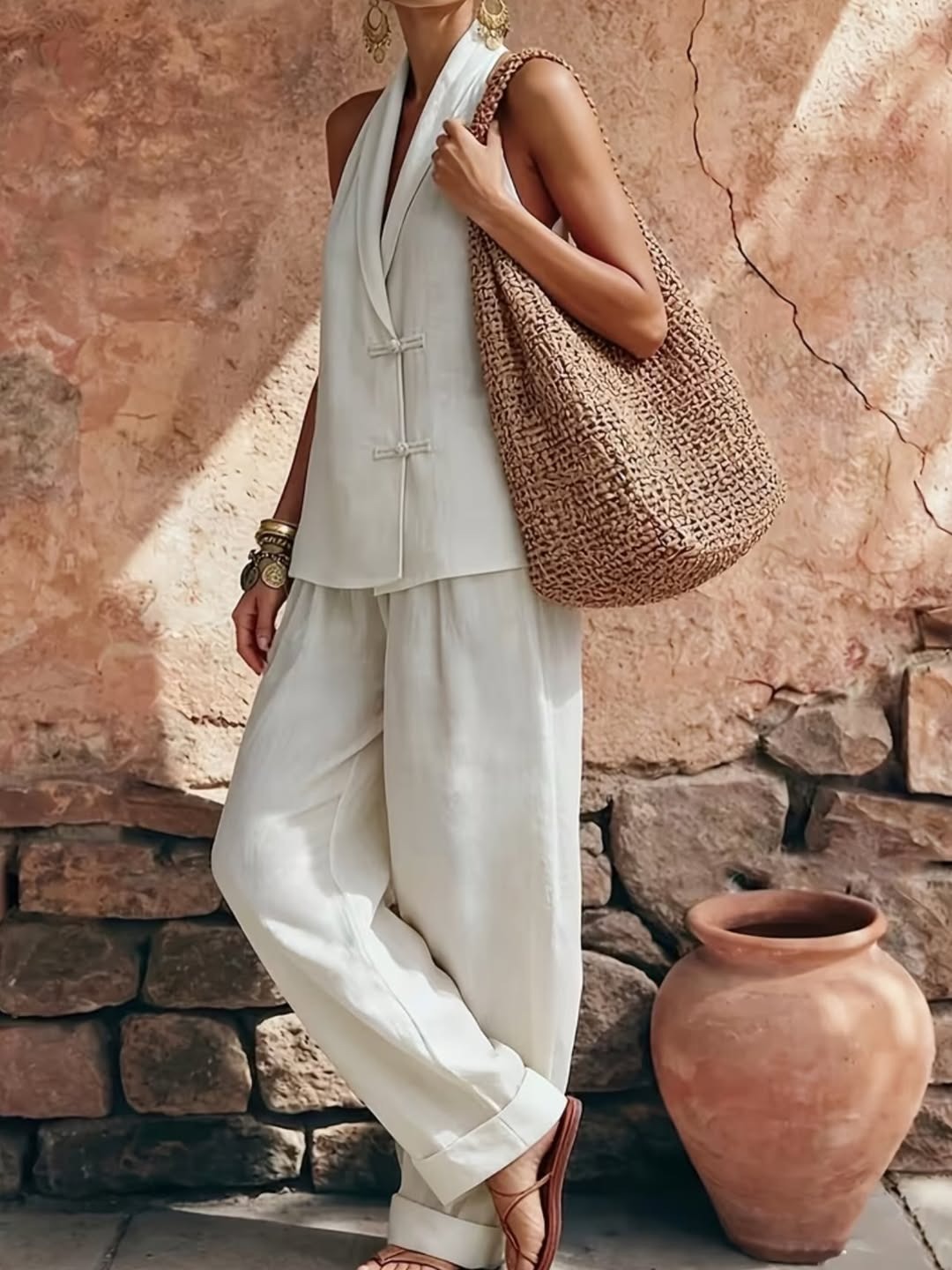 Halter Wrap Top with Frog Closures & Wide Leg Linen Blend 2-Piece Set