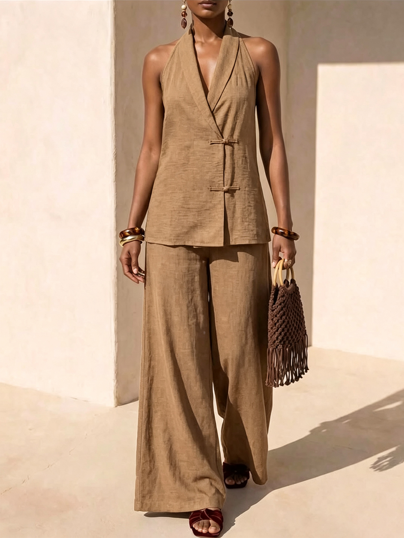 Halter Wrap Top with Frog Closures & Wide Leg Linen Blend 2-Piece Set