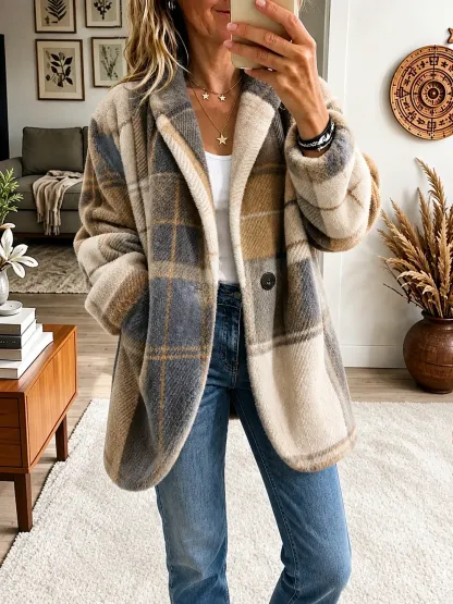 CLEARANCE SALE🔥Vibrant Plaid Fuzzy Fleece Jacket