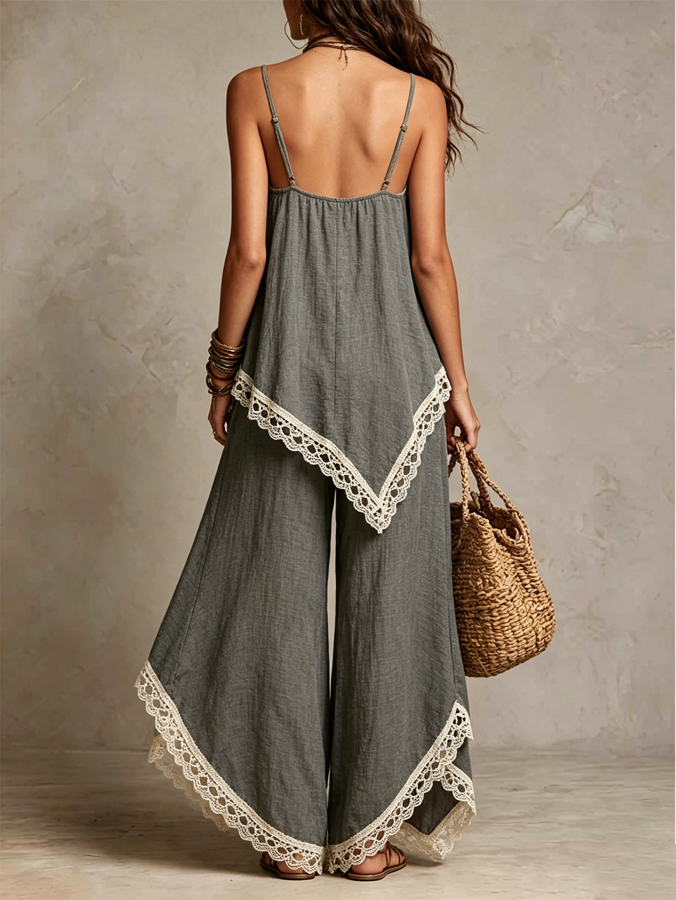 Women's Linen Blend 2-Piece Set Lace Trim Cami Top & Wide Leg Pants Boho Summer Outfit