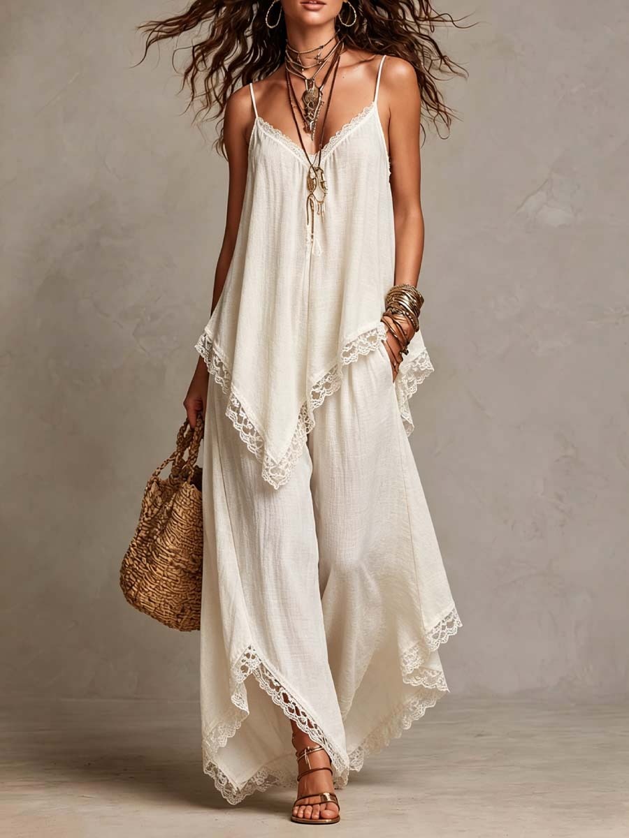 Women's Linen Blend 2-Piece Set Lace Trim Cami Top & Wide Leg Pants Boho Summer Outfit