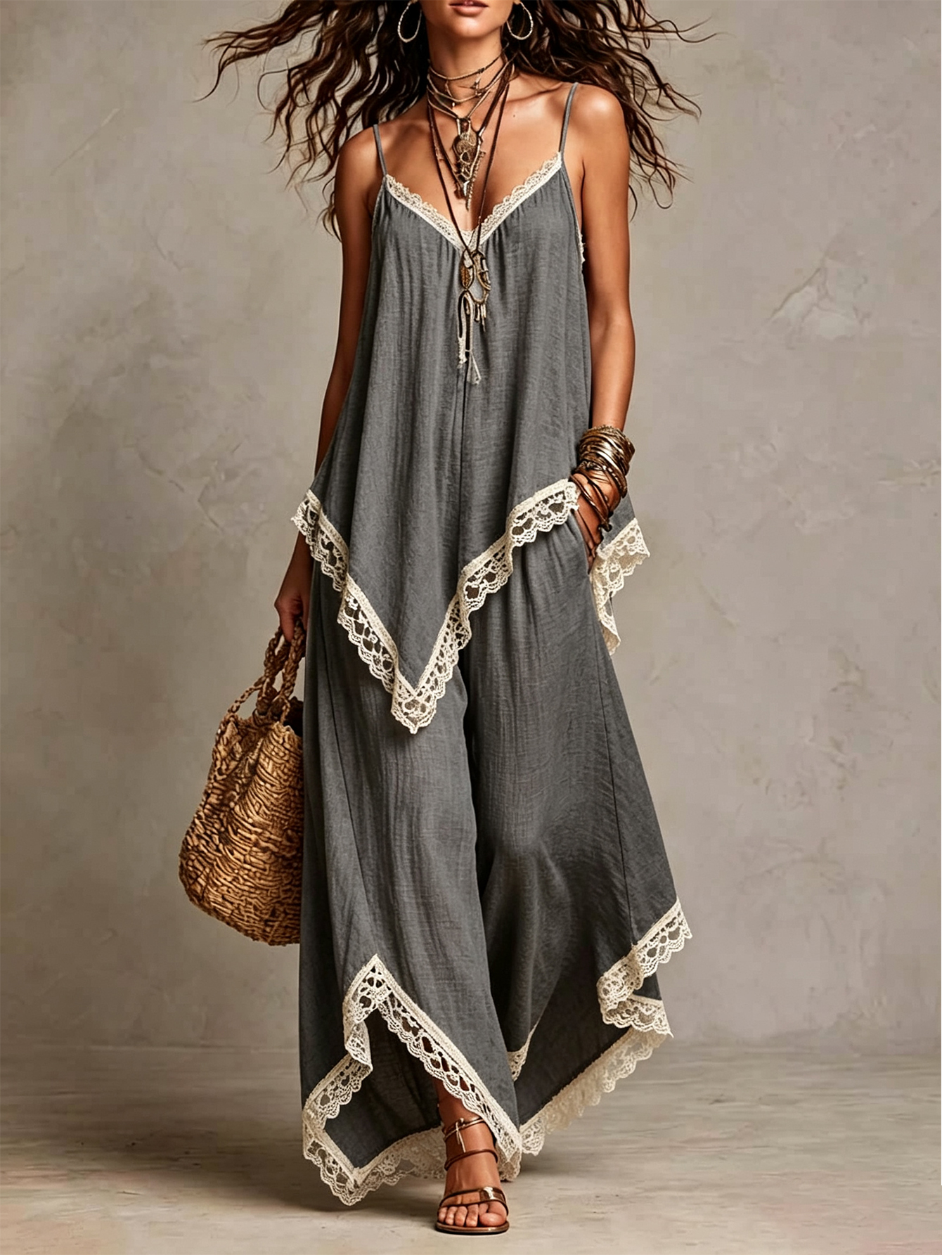 Women's Linen Blend 2-Piece Set Lace Trim Cami Top & Wide Leg Pants Boho Summer Outfit