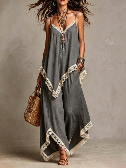 Women's Linen Blend 2-Piece Set Lace Trim Cami Top & Wide Leg Pants Boho Summer Outfit