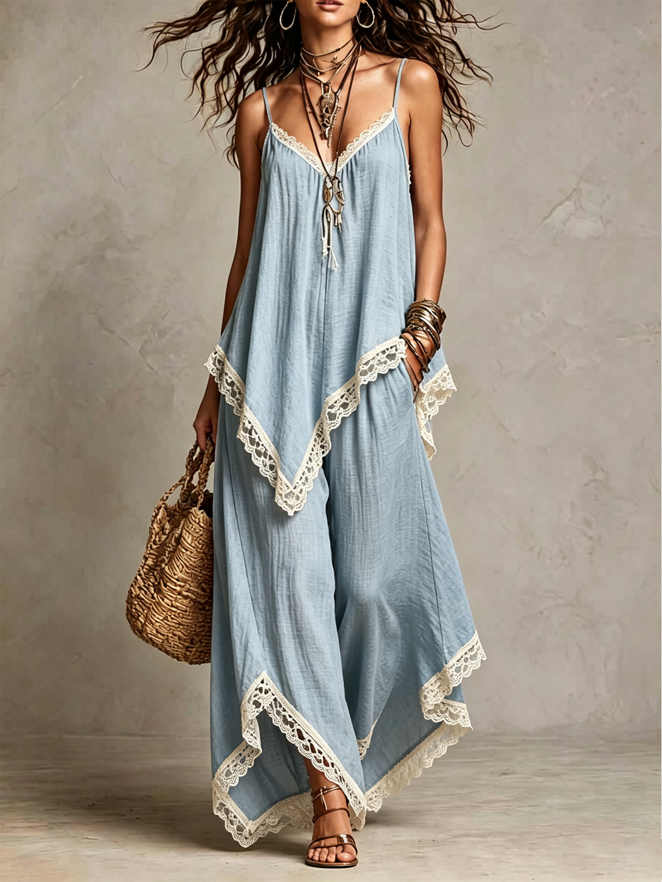 Women's Linen Blend 2-Piece Set Lace Trim Cami Top & Wide Leg Pants Boho Summer Outfit