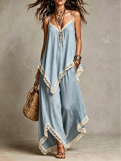 Women's Linen Blend 2-Piece Set Lace Trim Cami Top & Wide Leg Pants Boho Summer Outfit