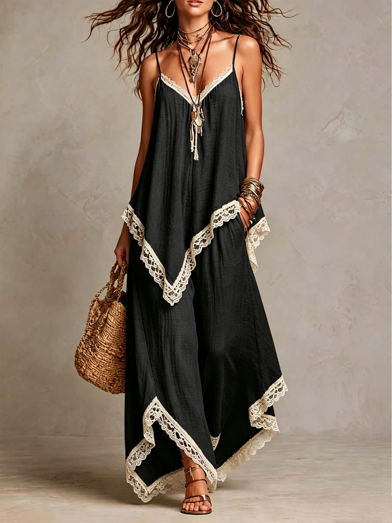 Women's Linen Blend 2-Piece Set Lace Trim Cami Top & Wide Leg Pants Boho Summer Outfit