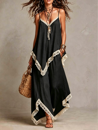Women's Linen Blend 2-Piece Set Lace Trim Cami Top & Wide Leg Pants Boho Summer Outfit