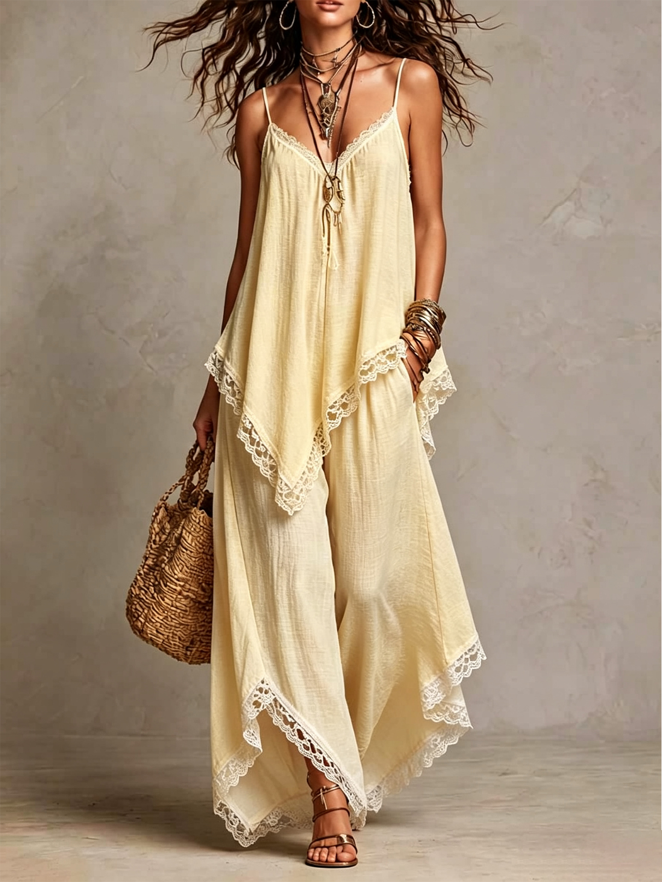 Women's Linen Blend 2-Piece Set Lace Trim Cami Top & Wide Leg Pants Boho Summer Outfit