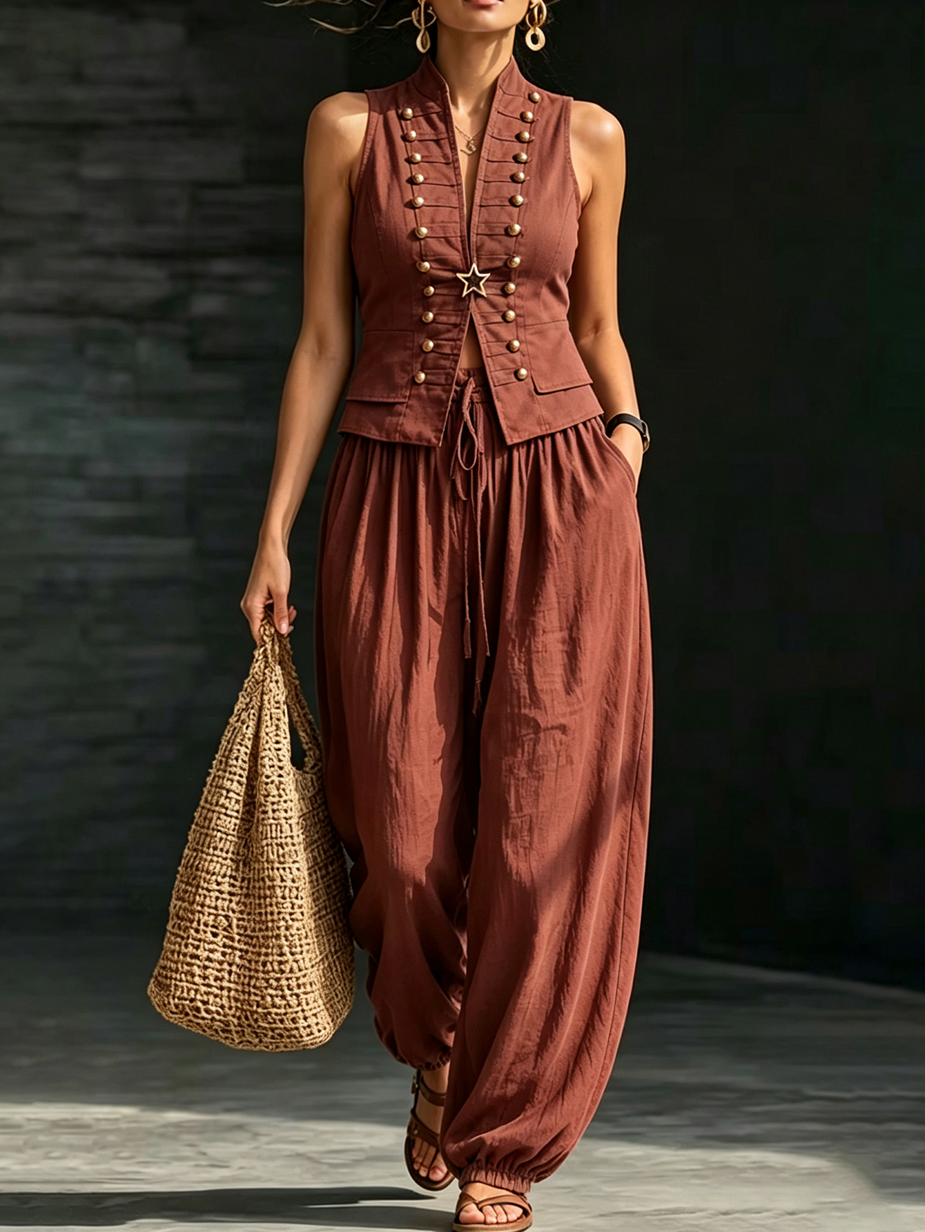 Women's Linen Blend Button Vest & Drawstring Jogger Pants 2-Piece Set