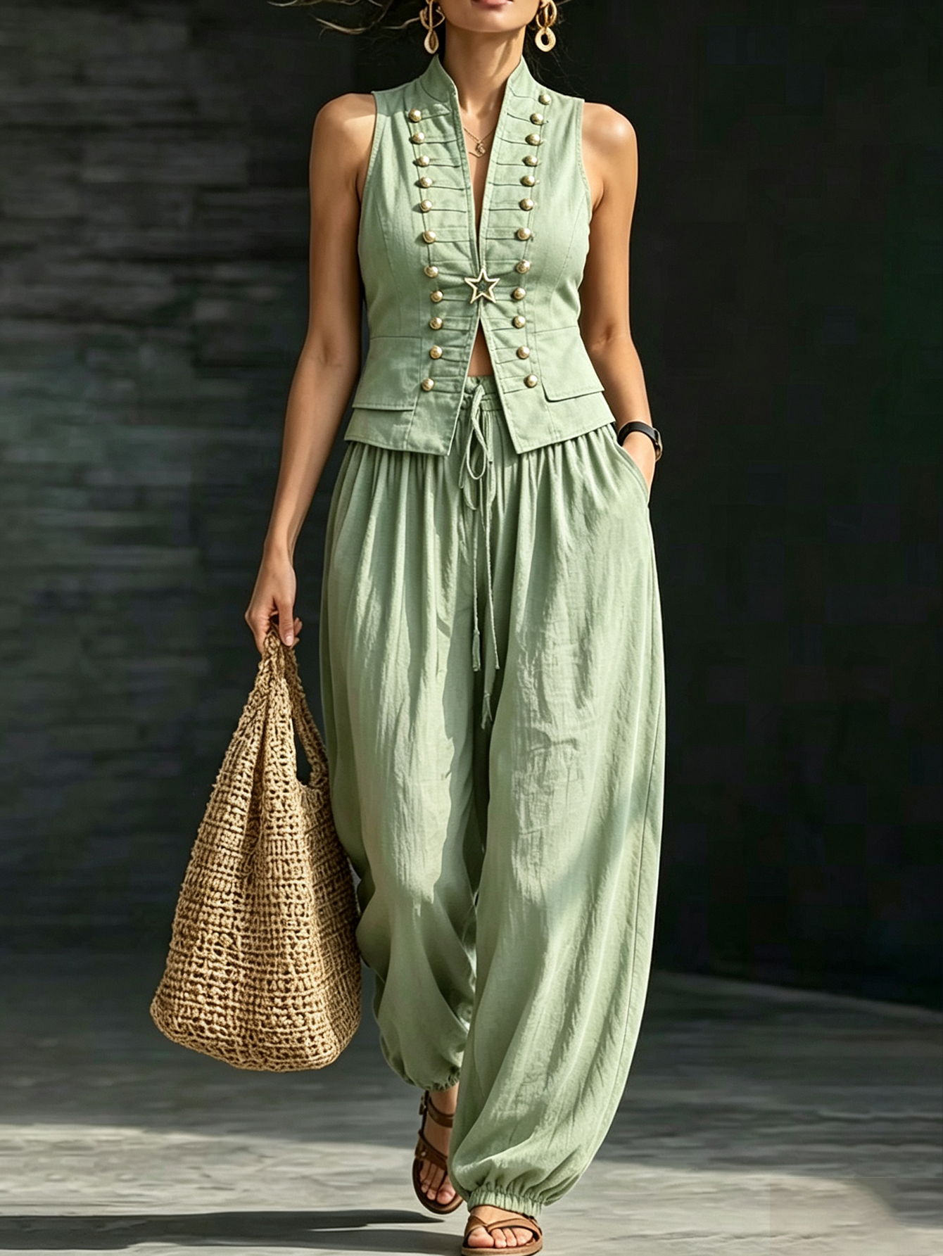 Women's Linen Blend Button Vest & Drawstring Jogger Pants 2-Piece Set