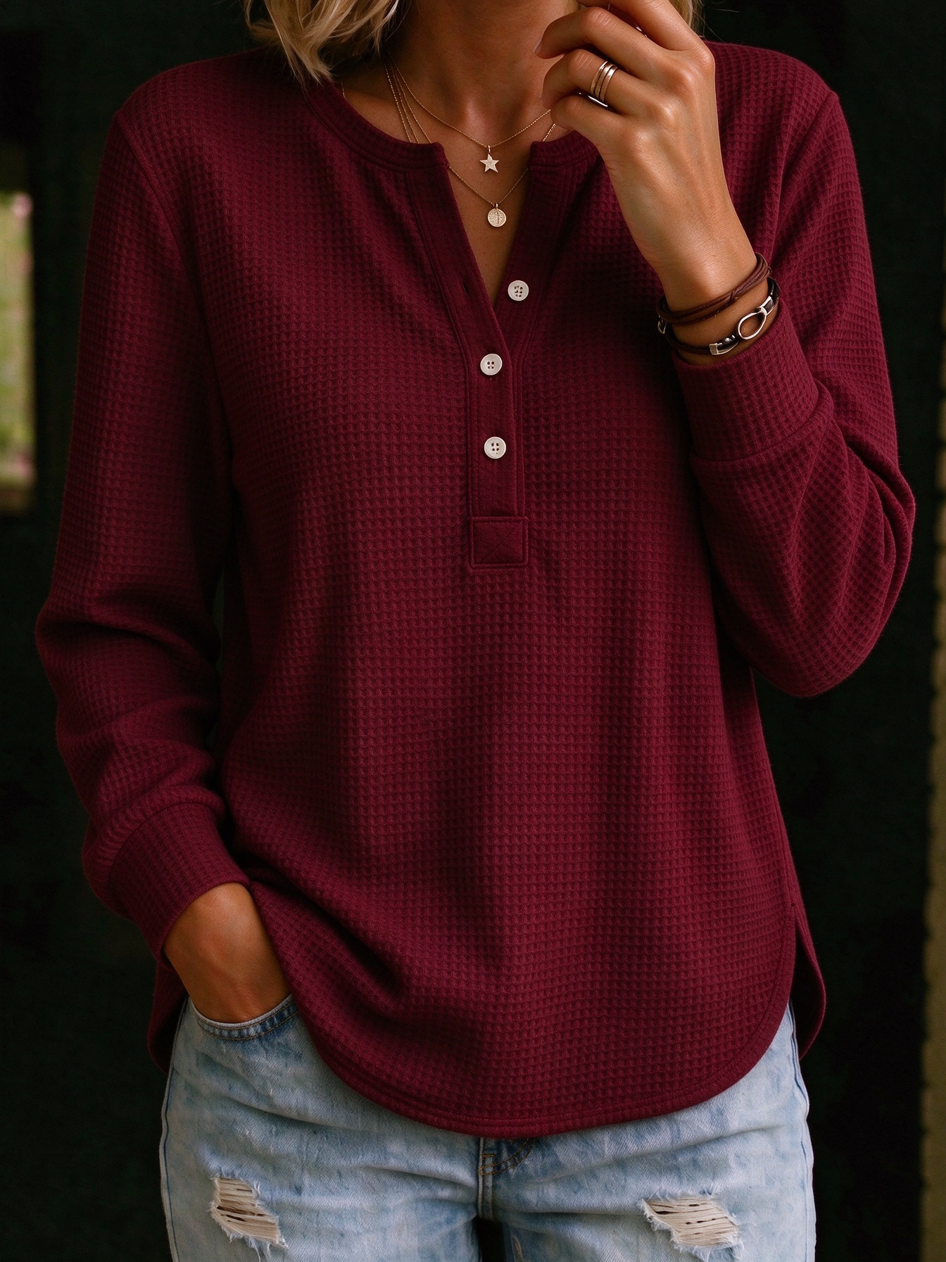 🤍 Women’s Waffle Knit Polo Shirt Henley Neck Button Placket Long Sleeve Loose Top