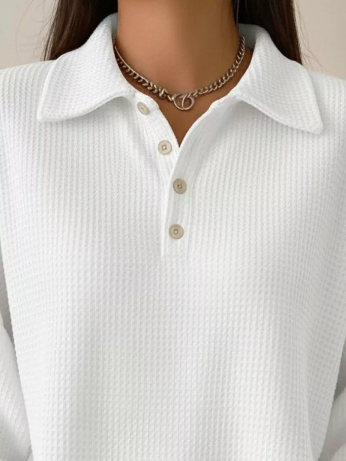 Women's Waffle Knit Polo Collar Henley Top - Casual Loose Drop Shoulder Long Sleeve Shirts