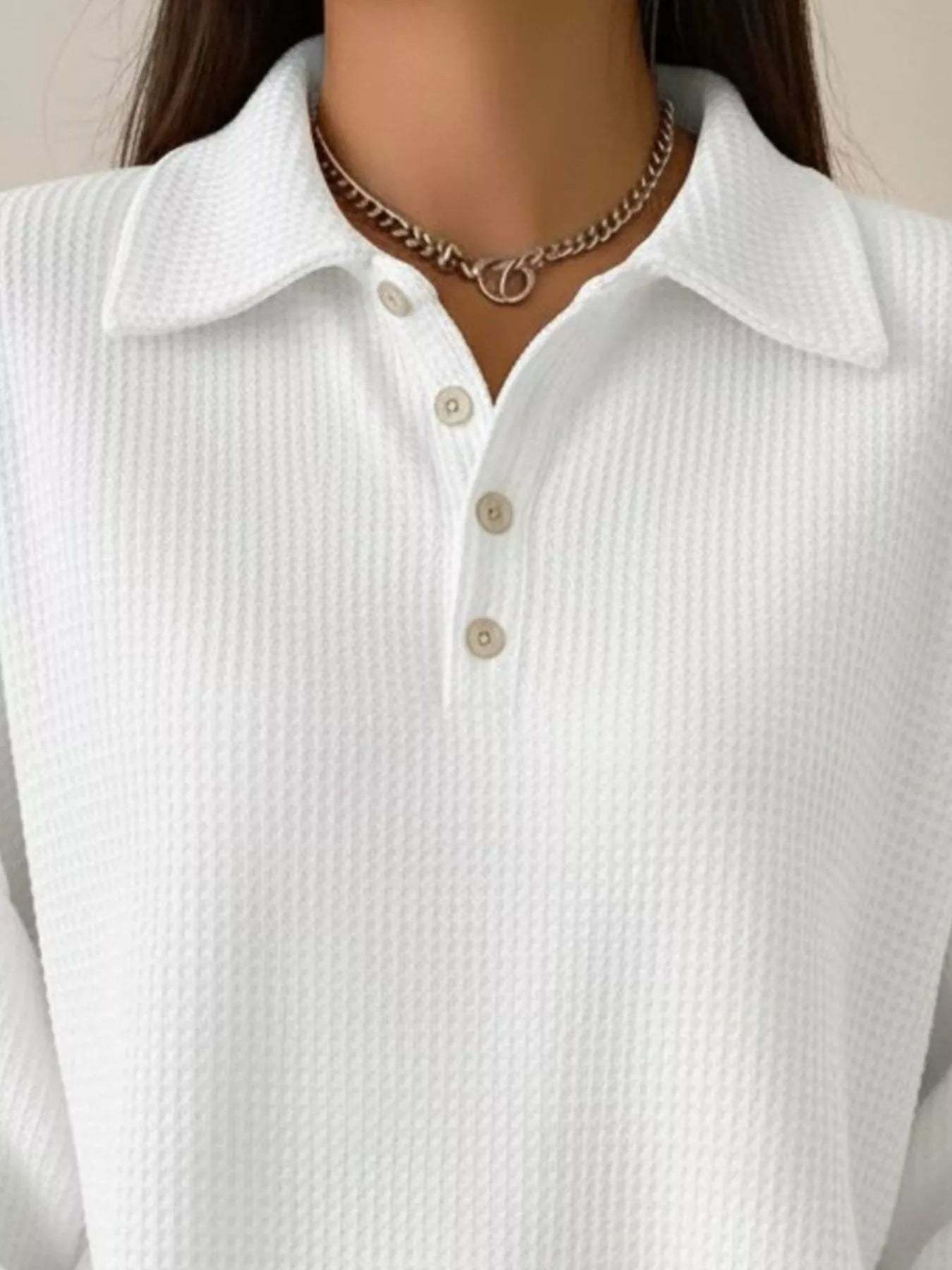 Women's Waffle Knit Polo Collar Henley Top - Casual Loose Drop Shoulder Long Sleeve Shirts