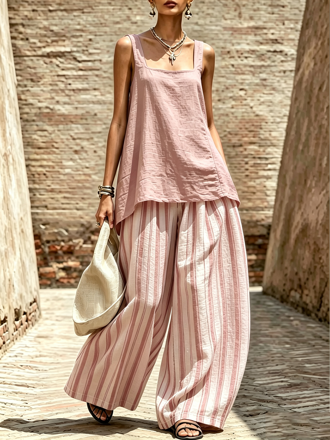 Women's Linen Blend Sleeveless Tank & Striped Wide Leg Pants 2-Piece Set