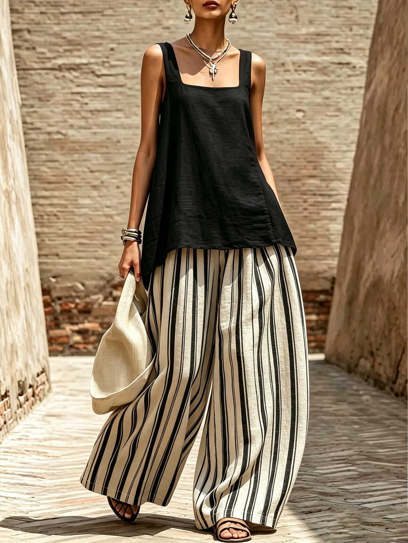 Women's Linen Blend Sleeveless Tank & Striped Wide Leg Pants 2-Piece Set